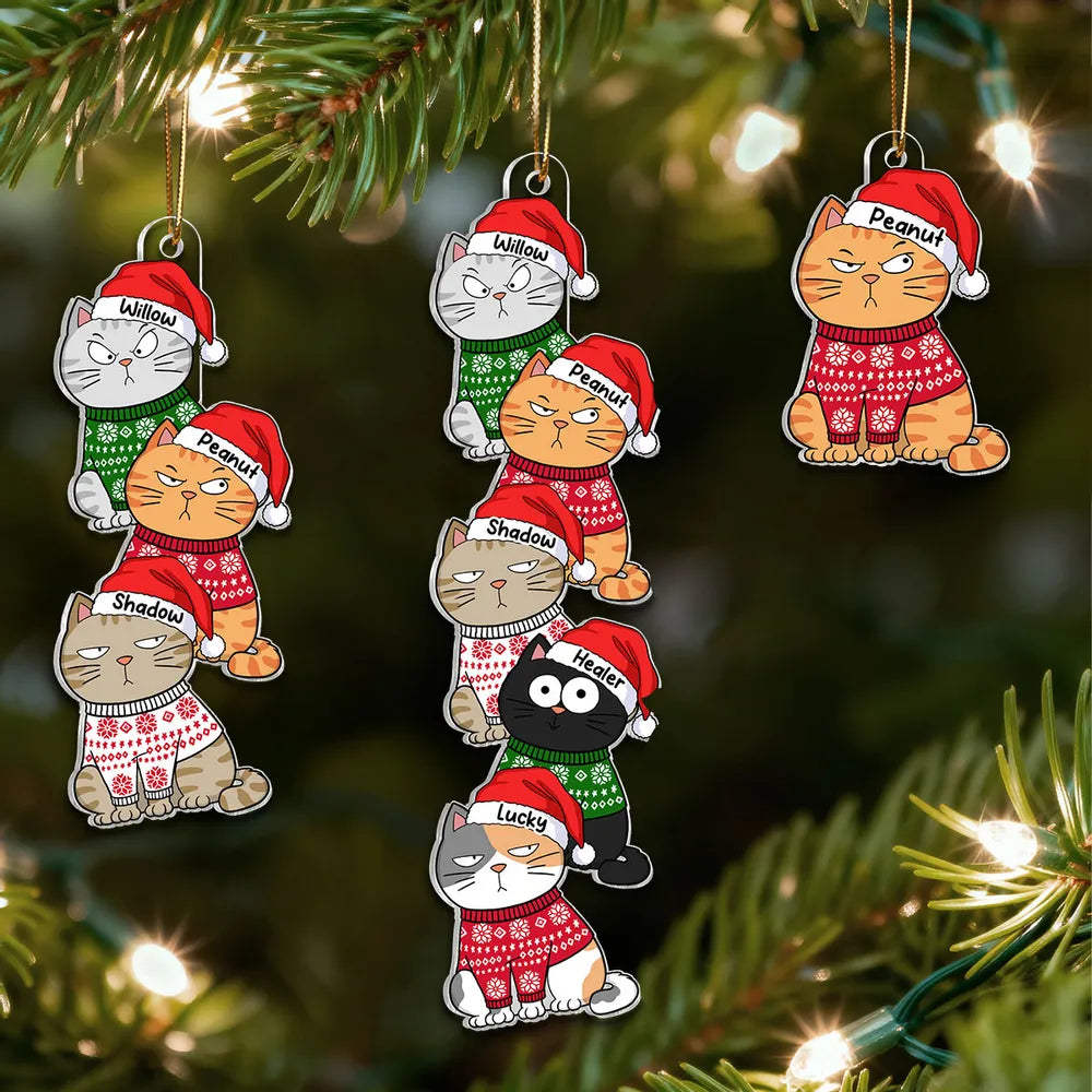 Personalized Acrylic Ornament with Stacked Christmas Cats, Cute Festive Decor & Unique Gift for Cat Lovers