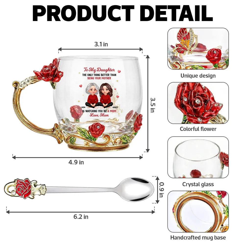 Personalized Enamel Flower Tea Cup with Mom and Daughter Illustration, Sweet Mother and Daughter Gift for Mother's Day