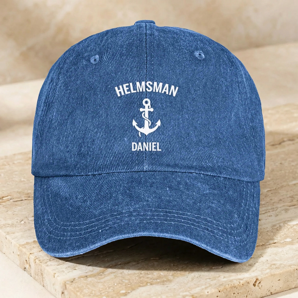 Personalized Washed Denim Baseball Cap with Anchor Icon, Nautical Vintage Look, Unique Gift for Sailors & Dads