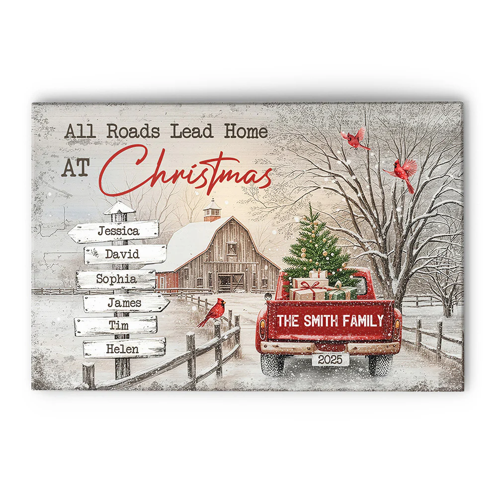 All Roads Lead Home At Christmas Personalized Poster – Custom Family Names Winter Farmhouse Wall Art, Unique Holiday Gift for Mom & Loved Ones