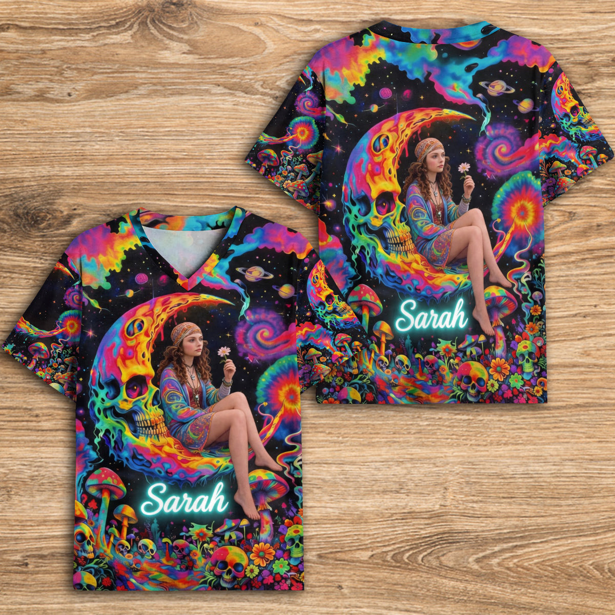 Custom Any Photo Hippie Skull Psychedelic - Personalized Hippie Fully Printed V-Neck T-Shirt