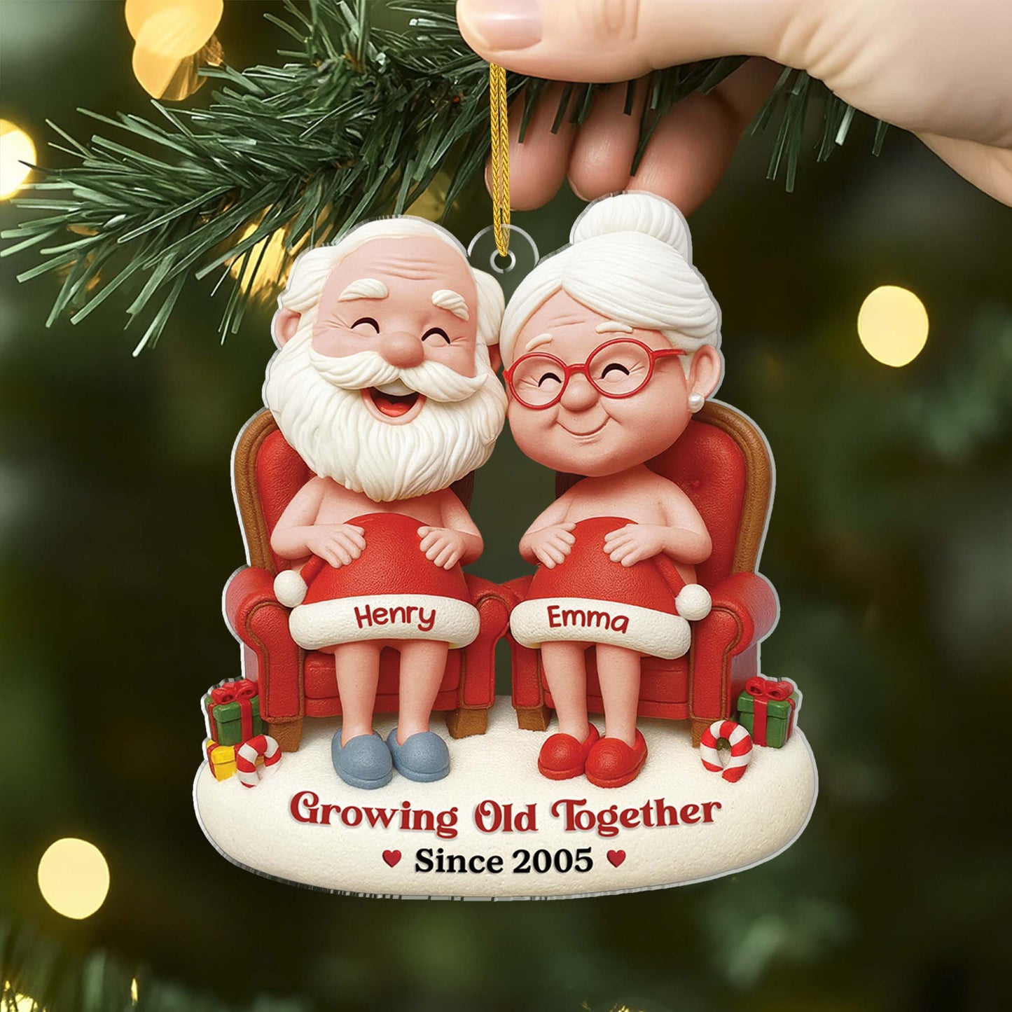 Personalized Acrylic Ornament Cute Cartoon Elder Couple Sitting Together Christmas Tree Decor, Unique Gift for Couples