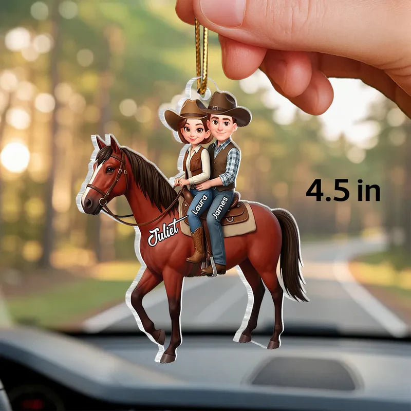 Personalized Acrylic Car Hanger Cute Cartoon Couple Riding a Horse, Unique Car Mirror Decor Gift for Horse Lovers