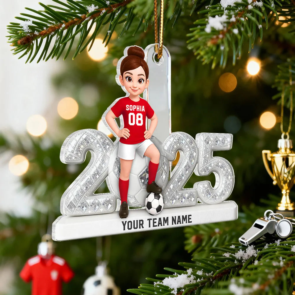 Acrylic Ornament - Custom Soccer Player with Ball, Stadium Lights & Snowflakes - Unique Gift for Players & Coaches
