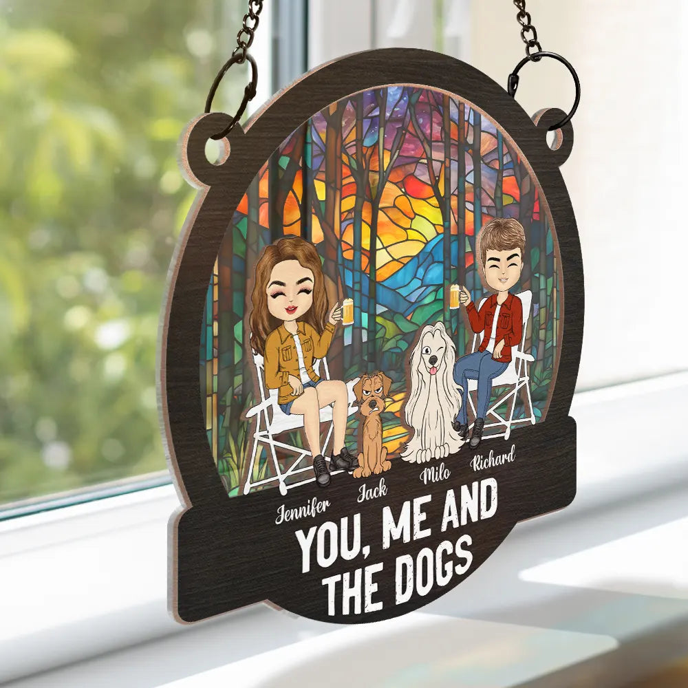 You, Me & the Dog Enjoying a Forest Sunset - Custom Wood & Acrylic Ornament, Perfect for Dog Lovers’ Birthdays or Holiday or valentine's day Gifts