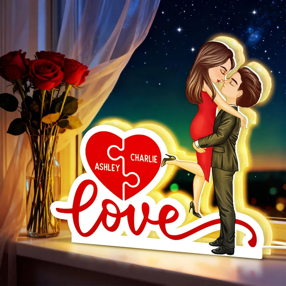 Acrylic Light Box Warm Glow Couple Embrace Love Heart Puzzle Design - Personalized Keepsake Gift for Couples