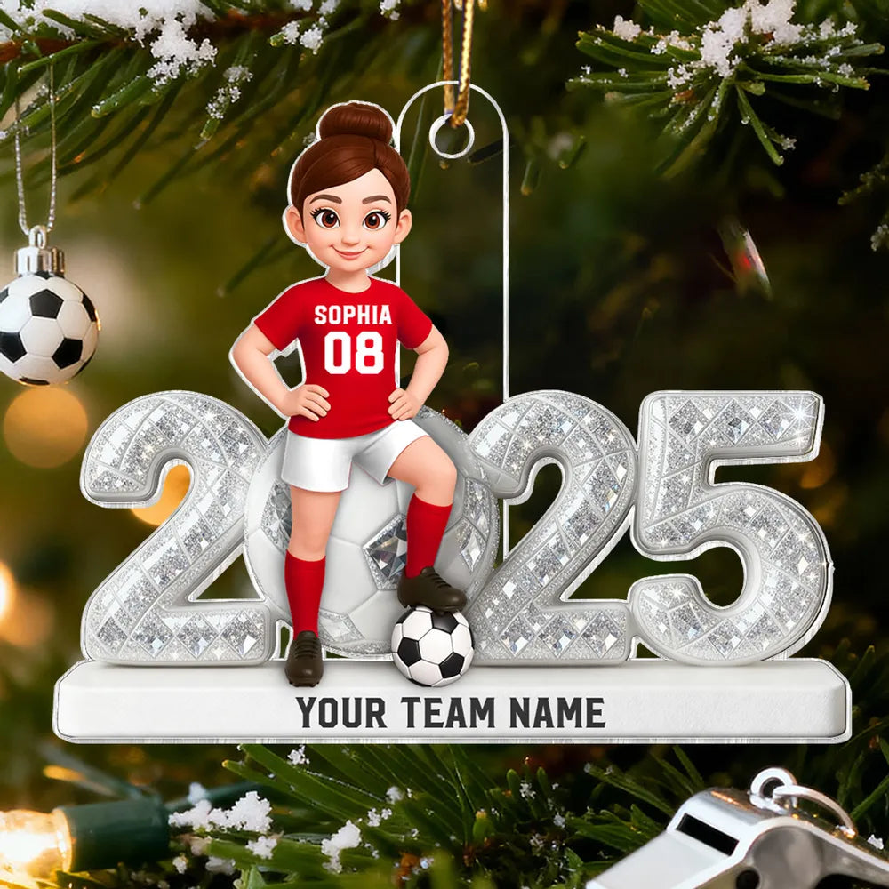 Acrylic Ornament - Custom Soccer Player with Ball, Stadium Lights & Snowflakes - Unique Gift for Players & Coaches