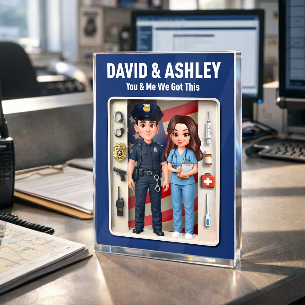 Rectangle Acrylic Block Plaque with Police & Nurse Couple and US Flag, Personalized Keepsake Gift for Him & Her