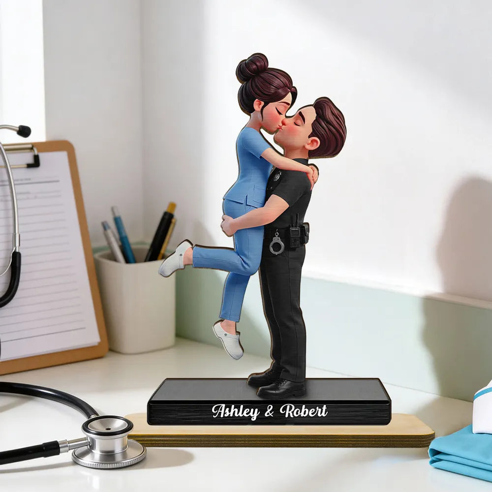 2-Layer Wooden Plaque Personalized Hero Couple Kiss - A Heartwarming Custom Gift for Couples, Police Firefighter Nurse Love