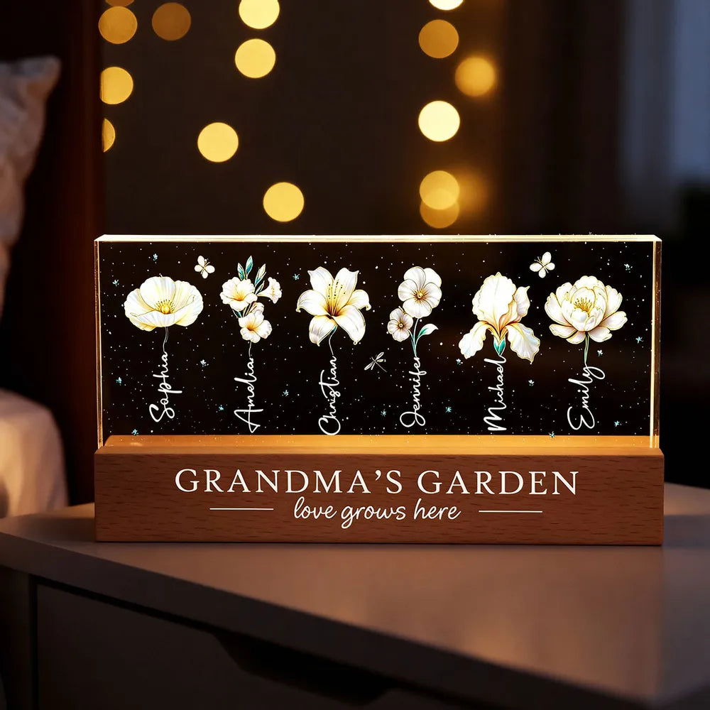 Grandma's Garden Block LED Light Plaque with Birth Month Flowers, Warm Glow Decor, Personalized Unique Gift for Grandma