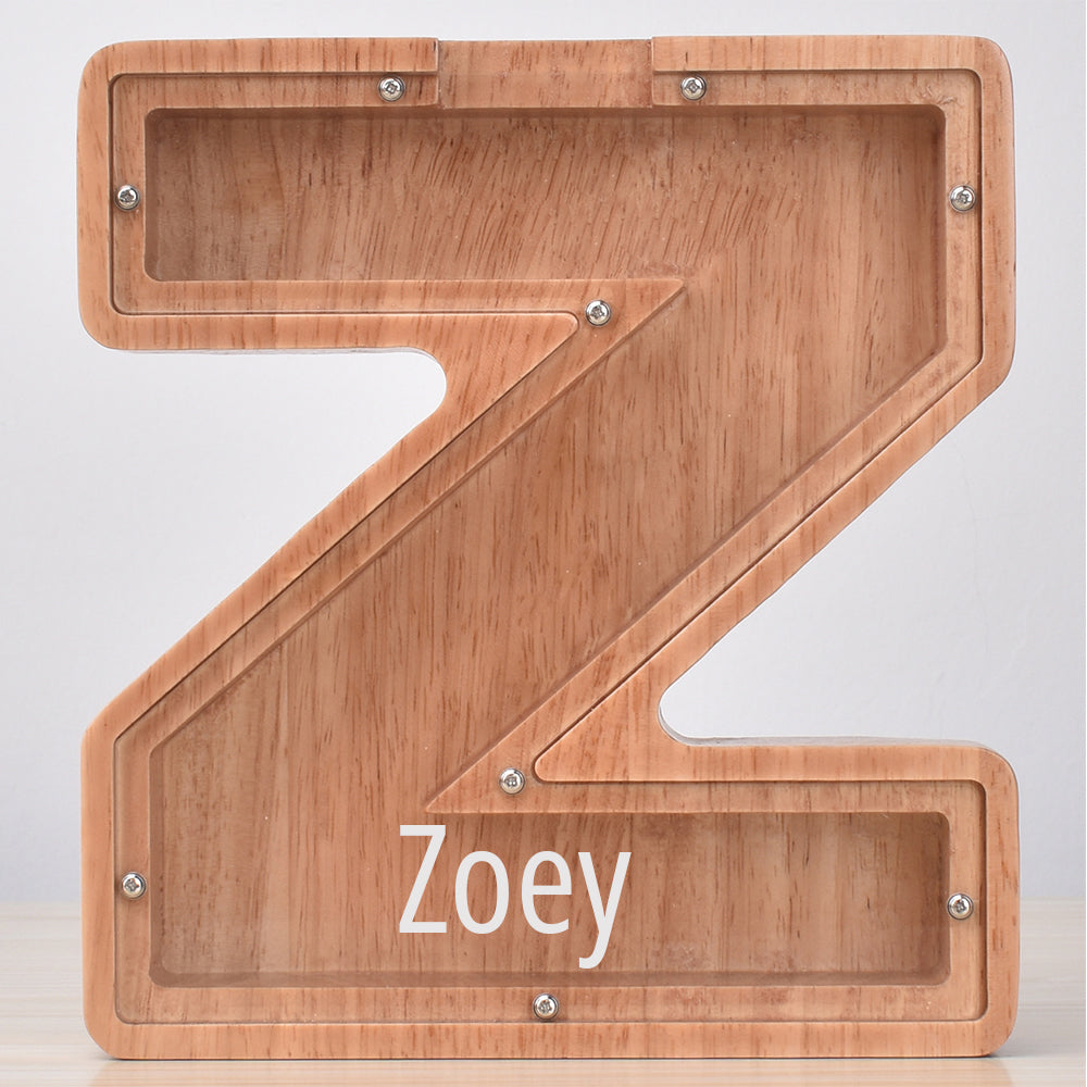 Custom Initial And Name - Personalized Letter And Name Oak Wooden Piggy Bank