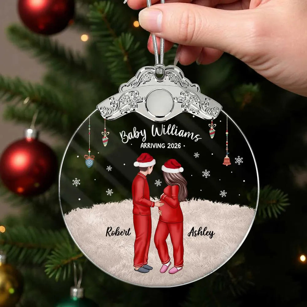 Personalized Silver Capped Glass Ornament for Expecting Parents with Pets, Cozy Christmas Keepsake, Unique Family Gift
