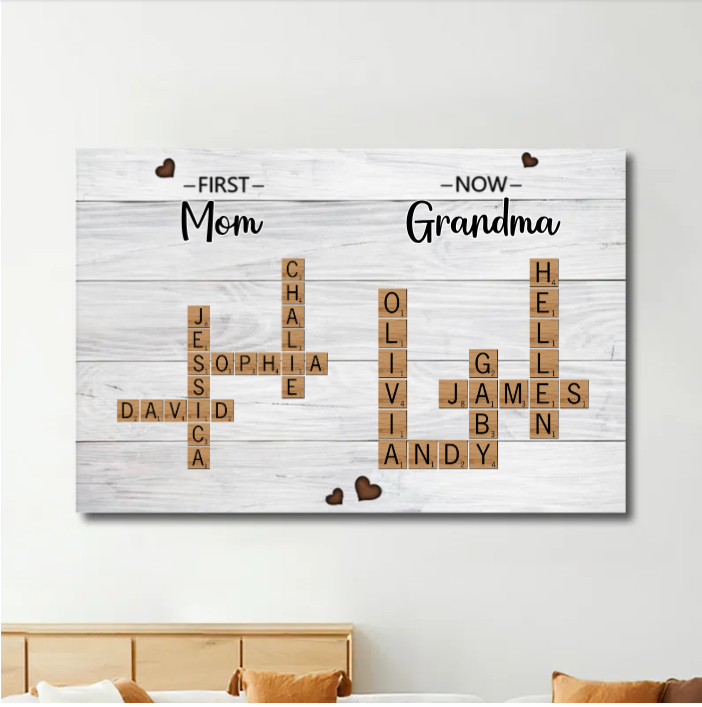 First Mom Now Grandma Crossword Puzzle Art Personalized 2-Layer Wooden Ornament, Christmas Gift For Grandma, Gift For Mom