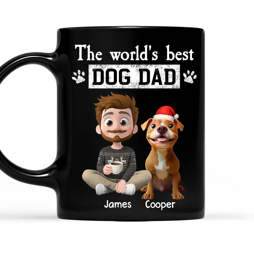 Dog Dad Mug - World's Best design, cartoon man & dog with Santa hat, personalized, creative Christmas gift for Dad
