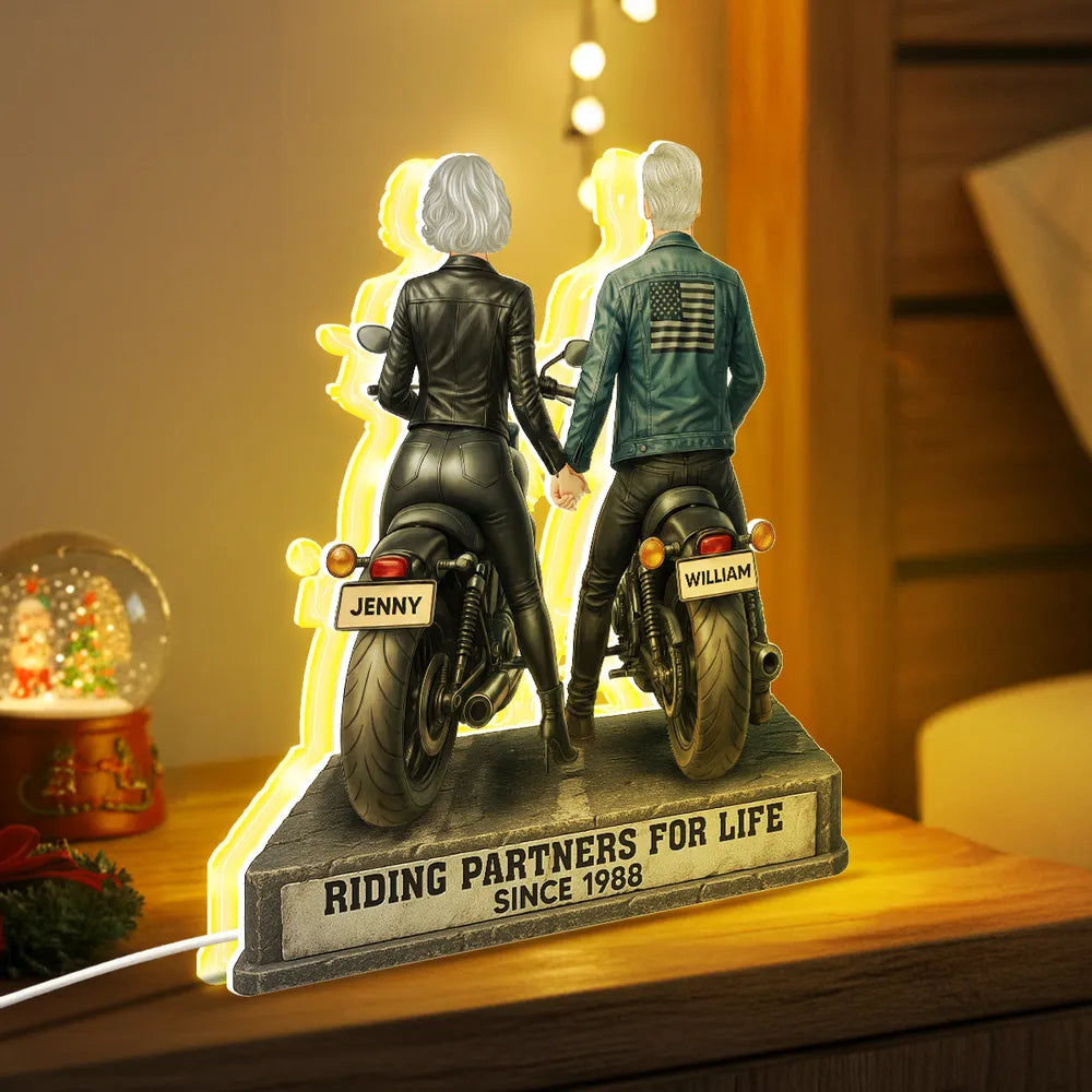Riding Partners for Life Acrylic Light Box, Custom Motorcycle Couple Night Light with Warm Glow, Sentimental Gift