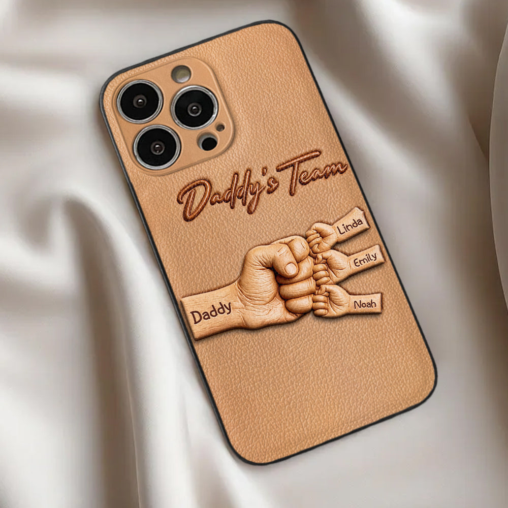 Daddy's Team - Personalized Father 3D Embossed Leather Phone Case