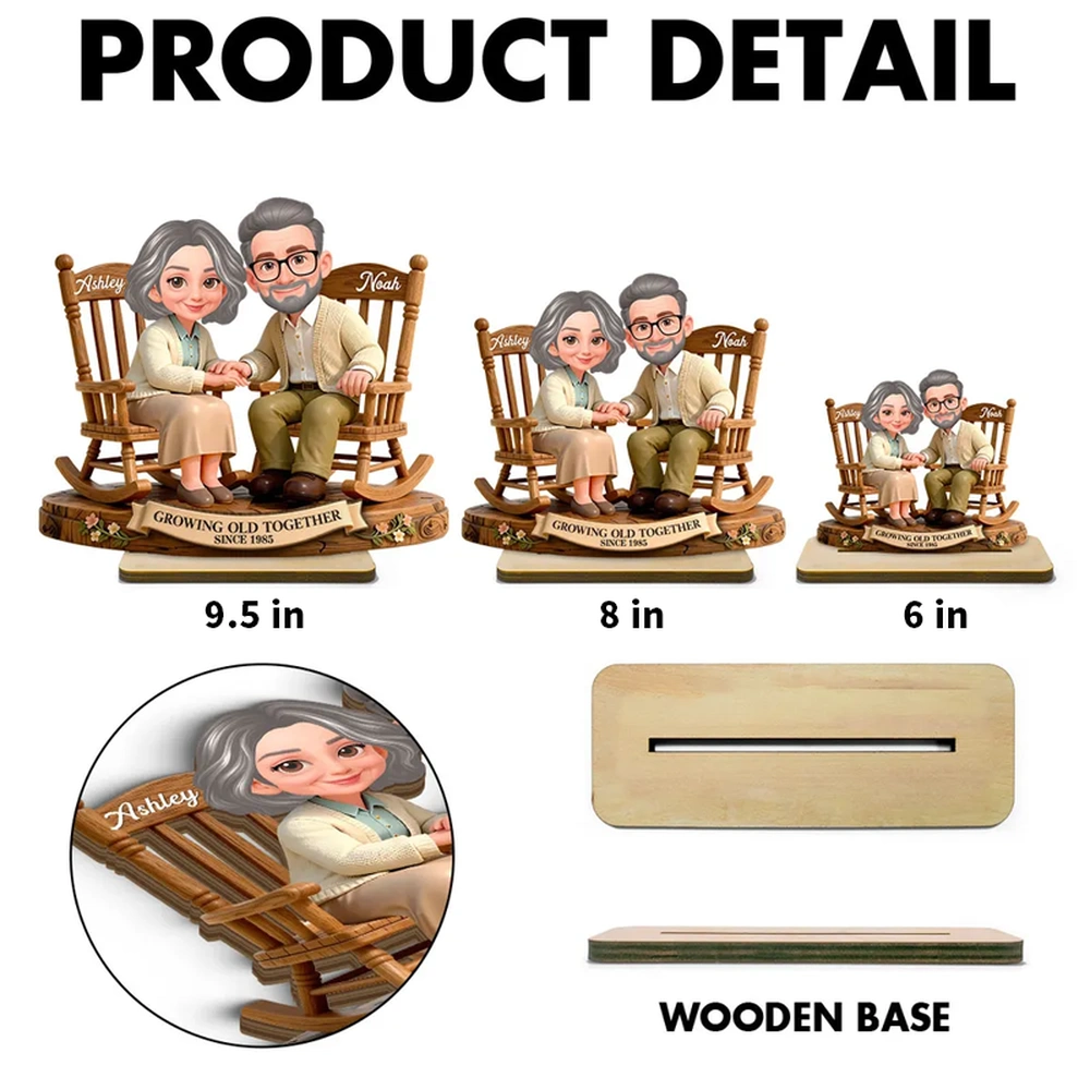 Personalized 2-Layer Wooden Plaque with Couple Holding Hands in Rocking Chairs, Sweet Keepsake Decor, Unique Gift for Wife or Husband