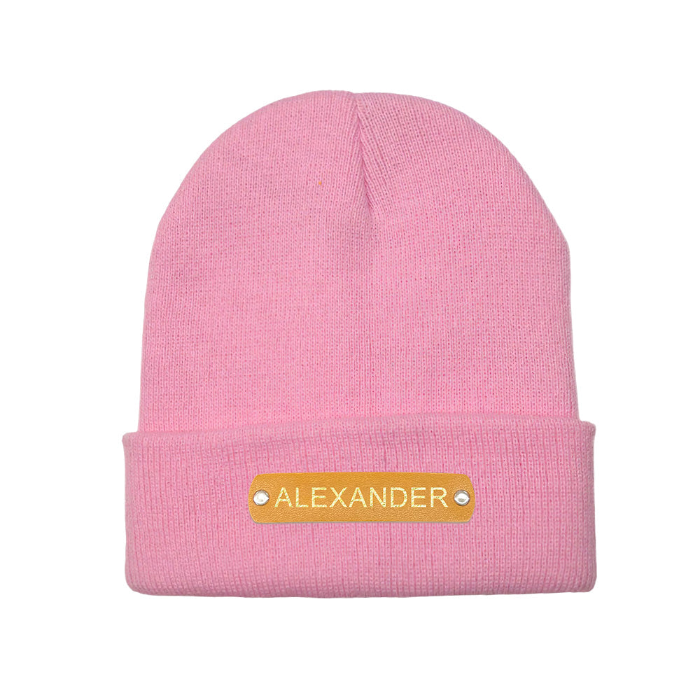 Custom Name Leather Patch Beanie - Personalized Beanie Hat