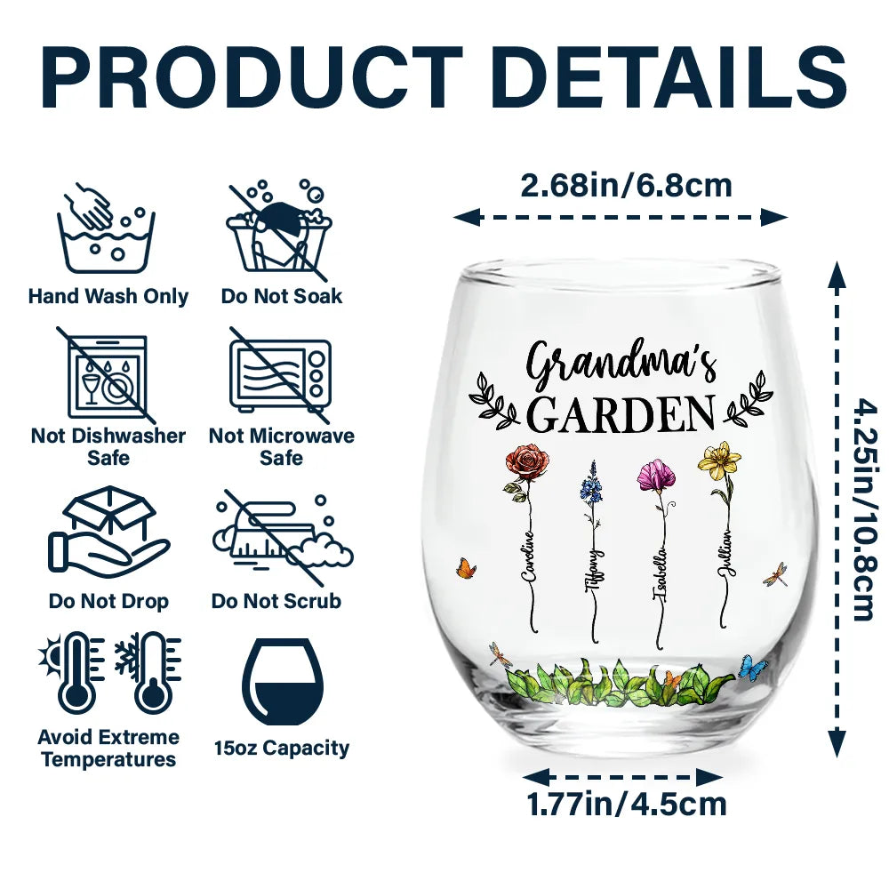 Grandma's Garden Personalized Wine Glass – Custom Floral Design with Loved Ones' Names, Ideal Mother’s Day Gift for Grandmothers, Wine Glass