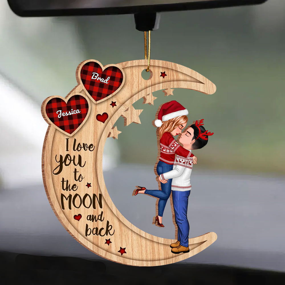 Couple Hugging On Heart Pattern Moon - Personalized Wooden Ornament - Gift For Firefighter,Police,Nurse,Chef,Teacher,Flight,Military,Animal Control,Worker