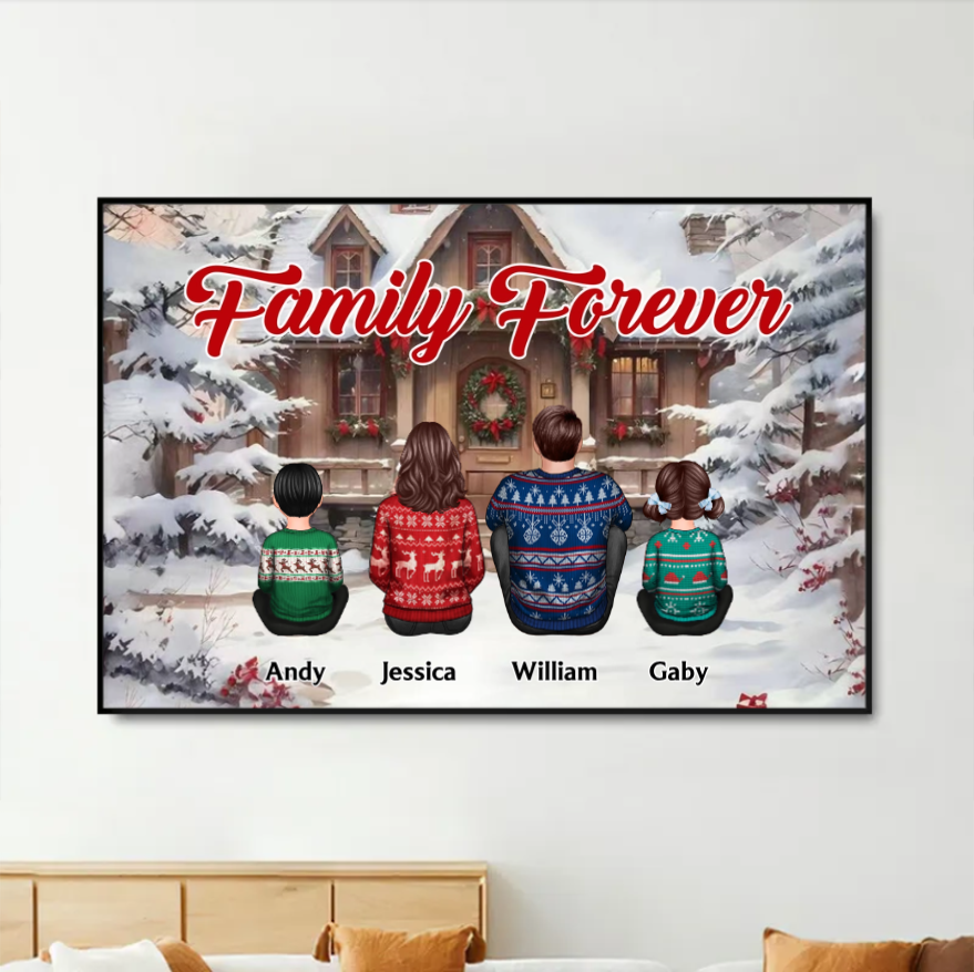 Snow House Back View Family Sitting Personalized Poster or Ornament or Plaque or Keychain