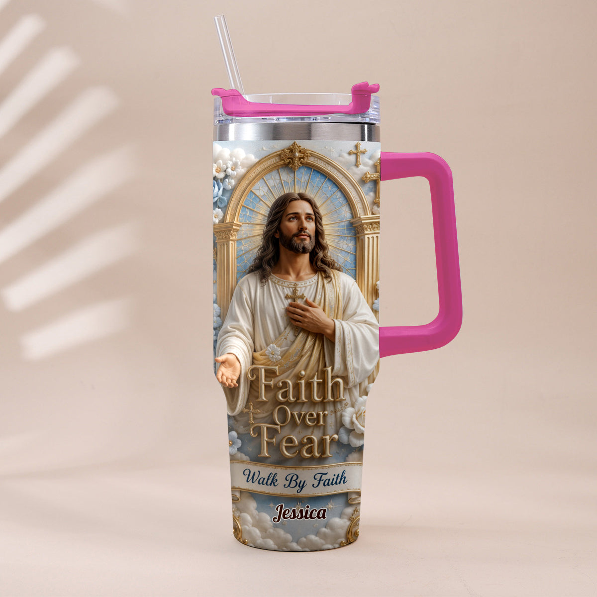 Faith Over Fear - Personalized Christian Tumbler With Plush Charm