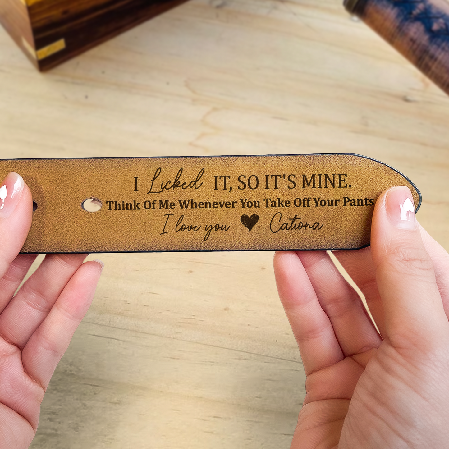 "Personalized Leather Belt – 'I Licked It, So It’s Mine' Custom Message – A Fun and Romantic Gift for Valentine’s Day or Special Occasions"