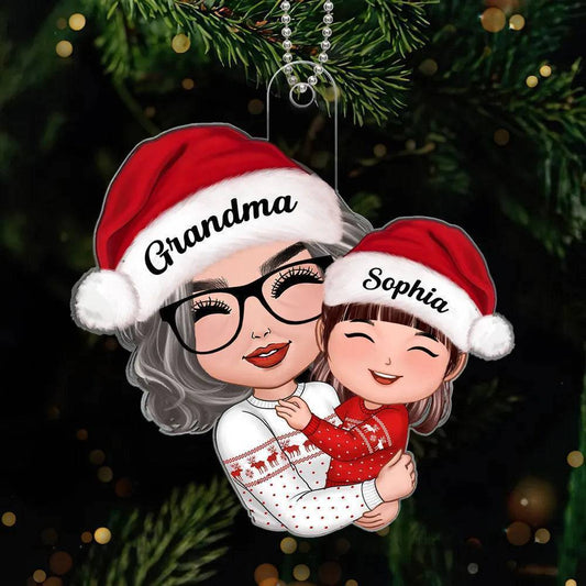 Gift for Grandkid & Grandma - Grandma Mom Hugging Kid - Personalized Custom Ornament, Keychain,Plaque and Pillow