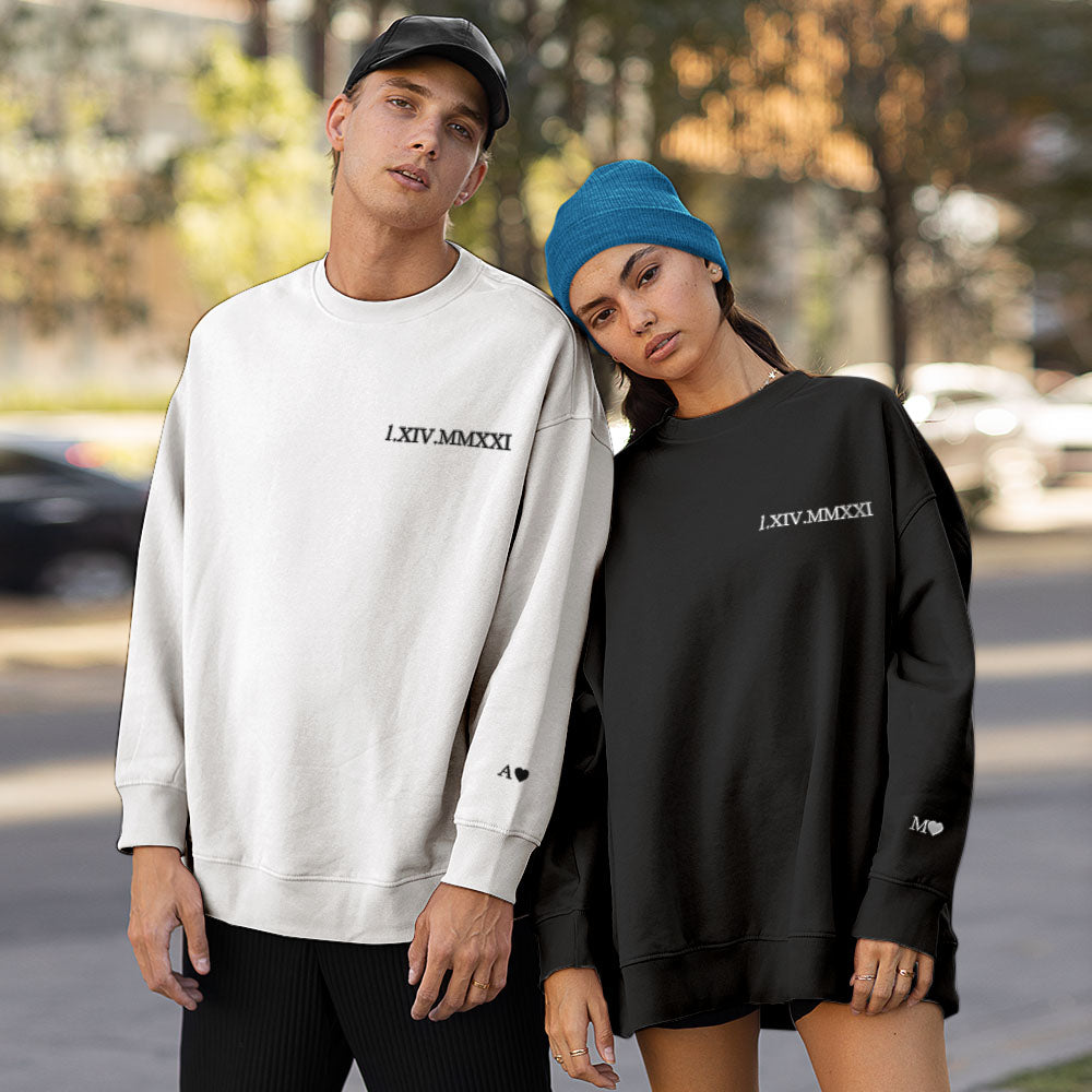 Custom Engraved Embroidery Round Neck Roman Numeral Date - Personalized Couple Sweatshirt