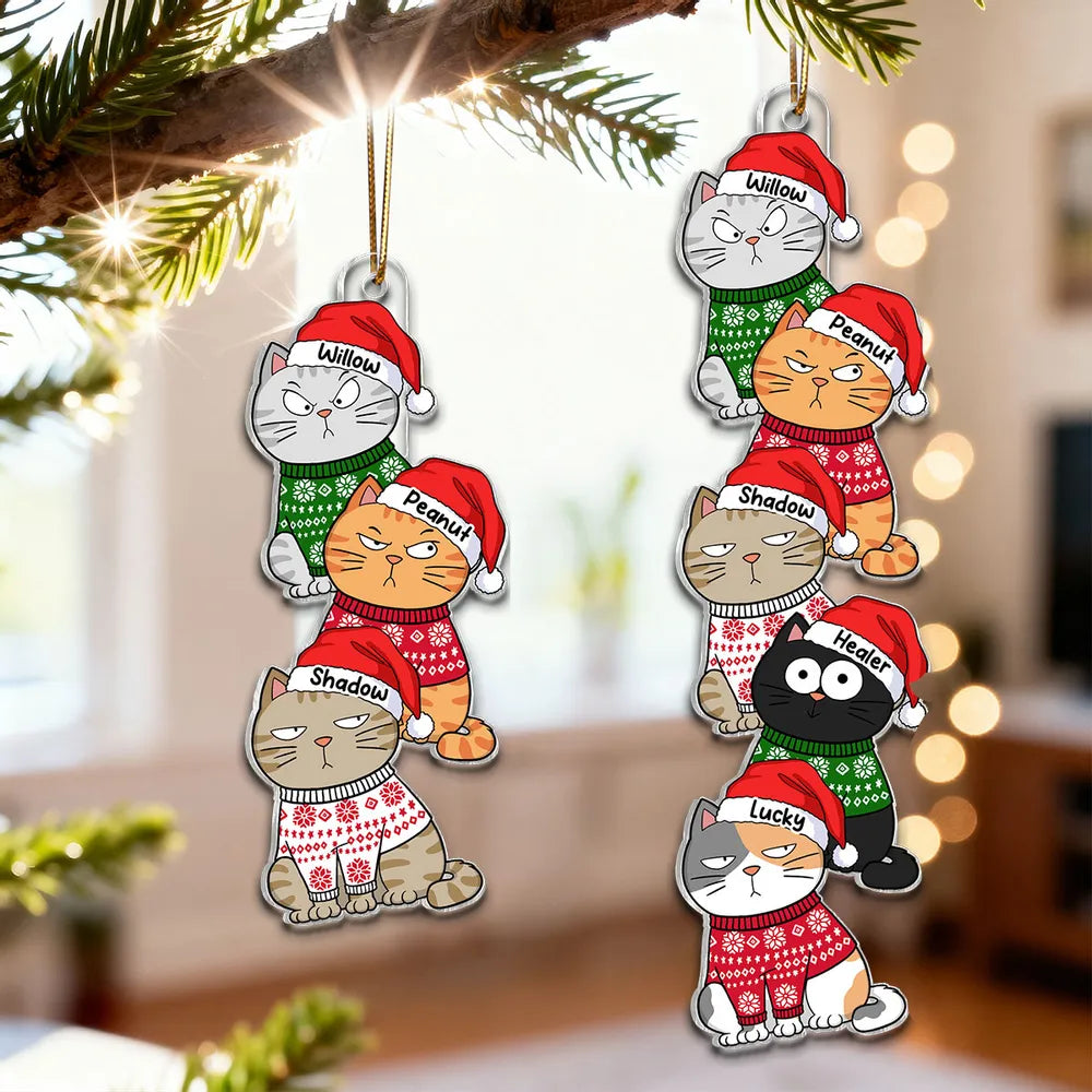 Personalized Acrylic Ornament with Stacked Christmas Cats, Cute Festive Decor & Unique Gift for Cat Lovers
