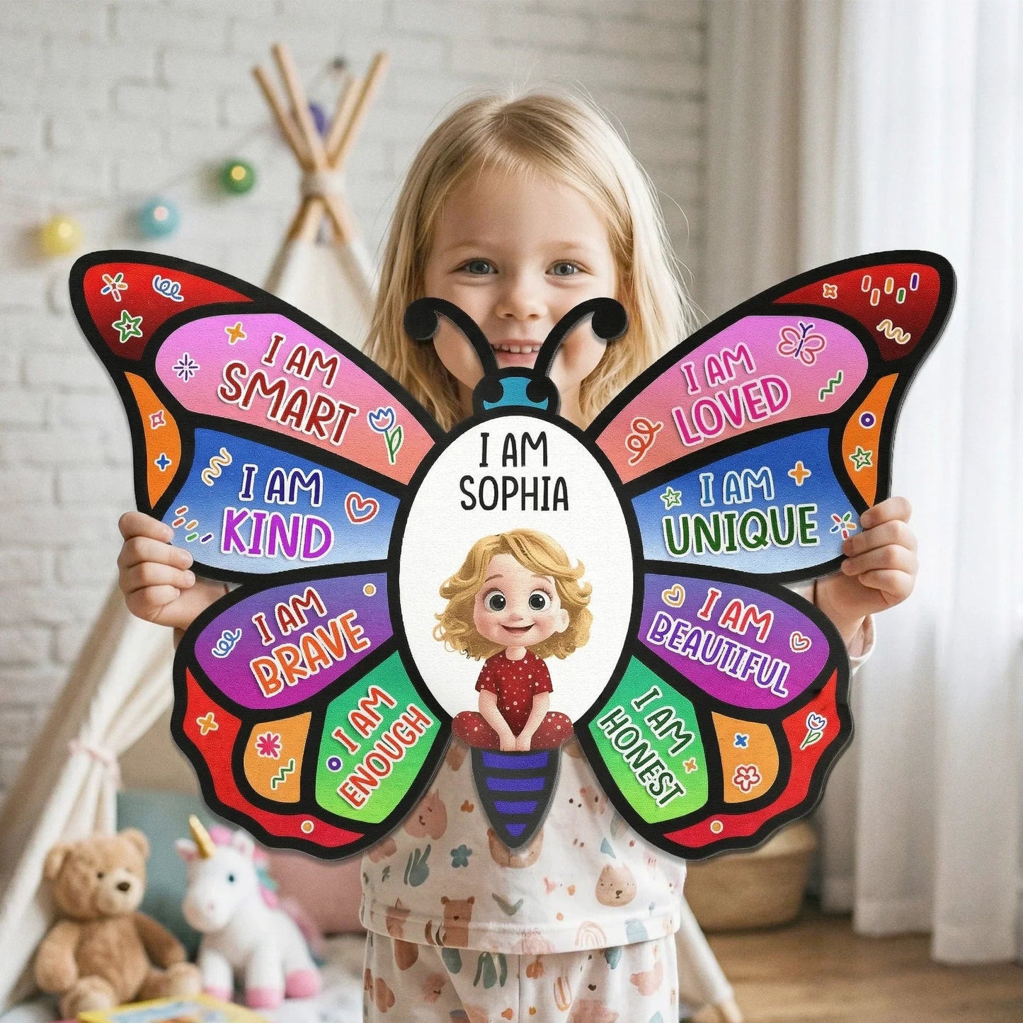 Shaped Metal Sign Personalized I Am Affirmations Butterfly with Cute Girl Illustration, Bright Wall Decor, Thoughtful Gift