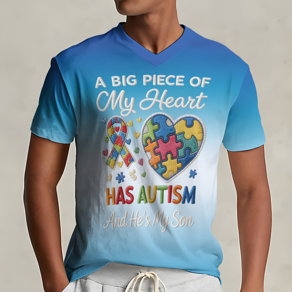 A Piece Of My Heart Has Autism - Personalized Autism Awareness V-Neck T-Shirt With Plush Pin