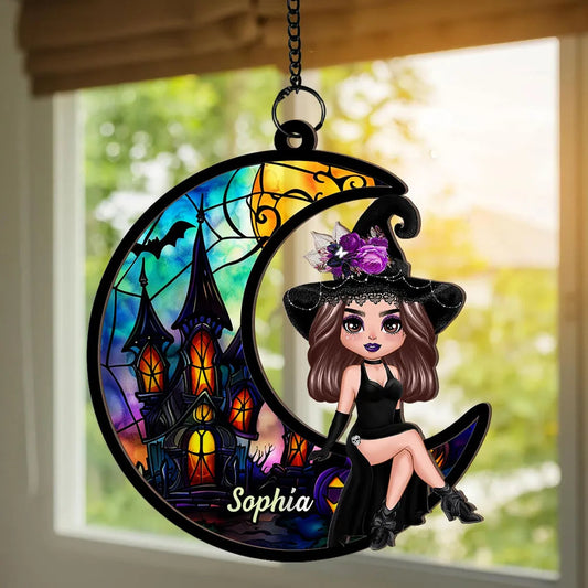 Wood and Acrylic Layered Ornament – Whimsical Moonlight Witch Design, Perfect Gift for Halloween Lovers