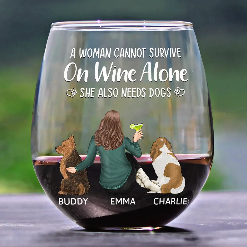 “Wine and Dogs Are Essential” Personalized Stemless Wine Glass - Valentine’s Day Gift - Perfect for Dog Moms/Dads - Beach Scene Design