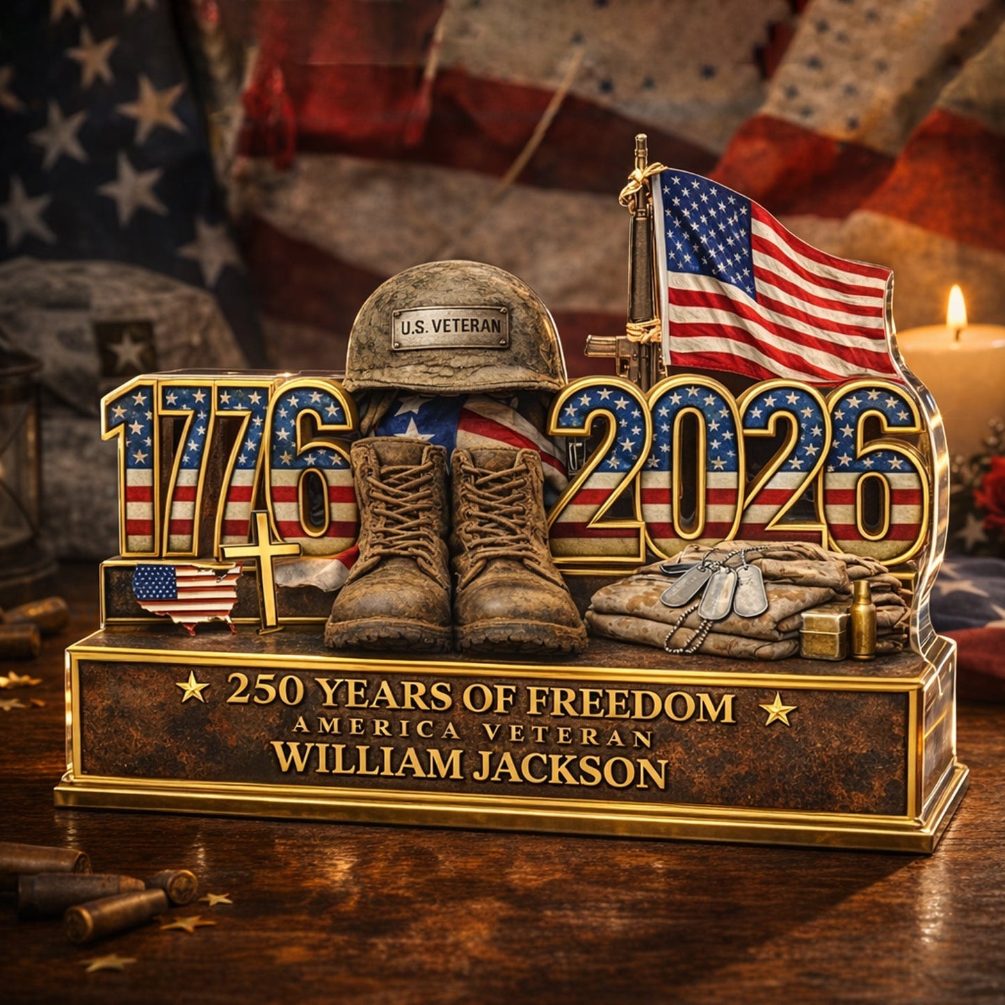 Personalized Shaped Acrylic Block Plaque with Patriotic US Army Boots & Flag Desk Decor, Unique Veteran Gift