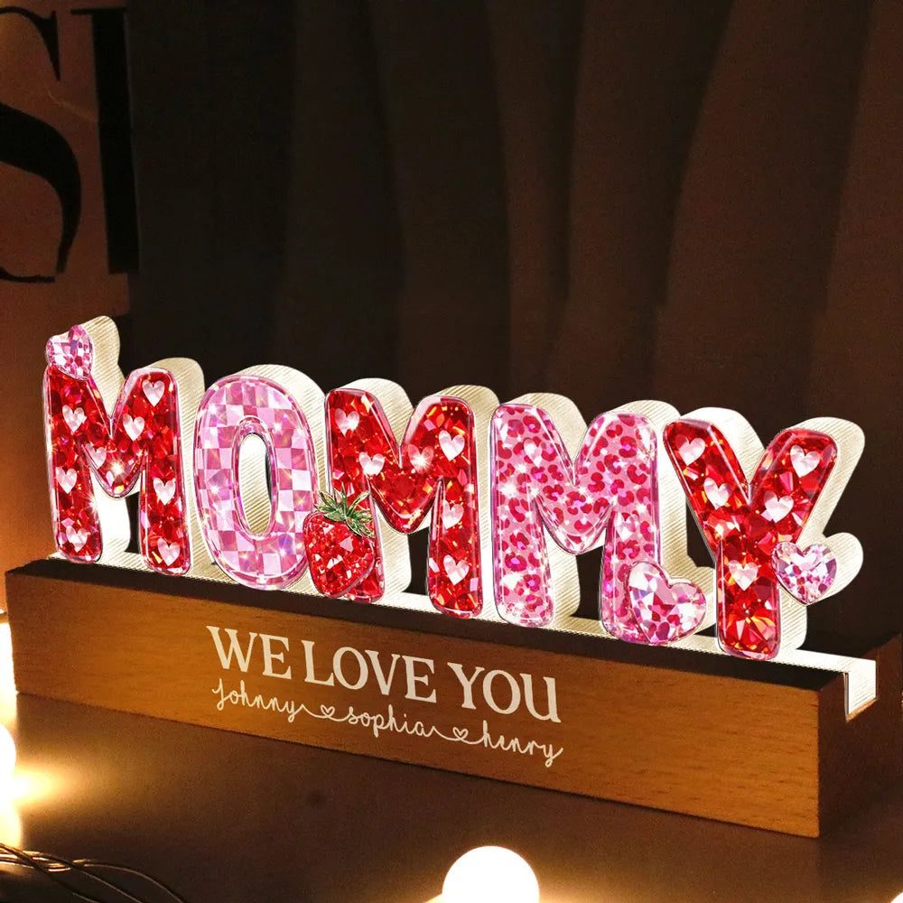Personalized Shaped Acrylic Block LED Plaque with MOMMY Hearts, Sweet Room Decor, Unique Gift for Mom