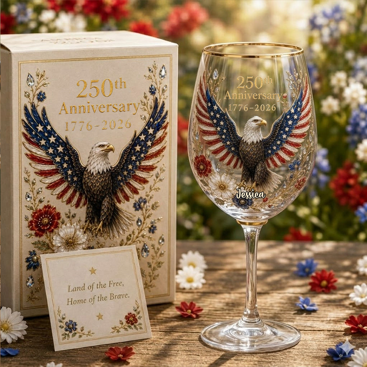 Land Of The Free - Personalized Bald Eagle Long Stem Wine Glass With Box