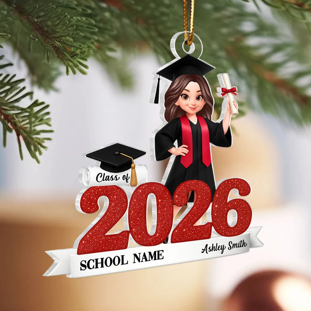 Graduation Acrylic Ornament, red glitter design with cap & diploma, celebrate achievement, perfect graduation gift keepsake