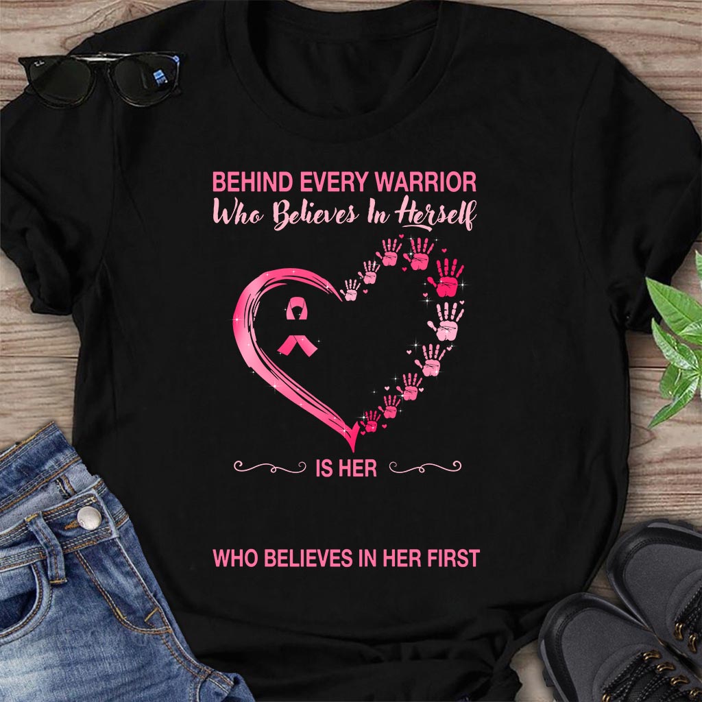 Behind Every Warrior Pink Heart Hand Prints - Breast Cancer Awareness Personalized T-shirt And Hoodie