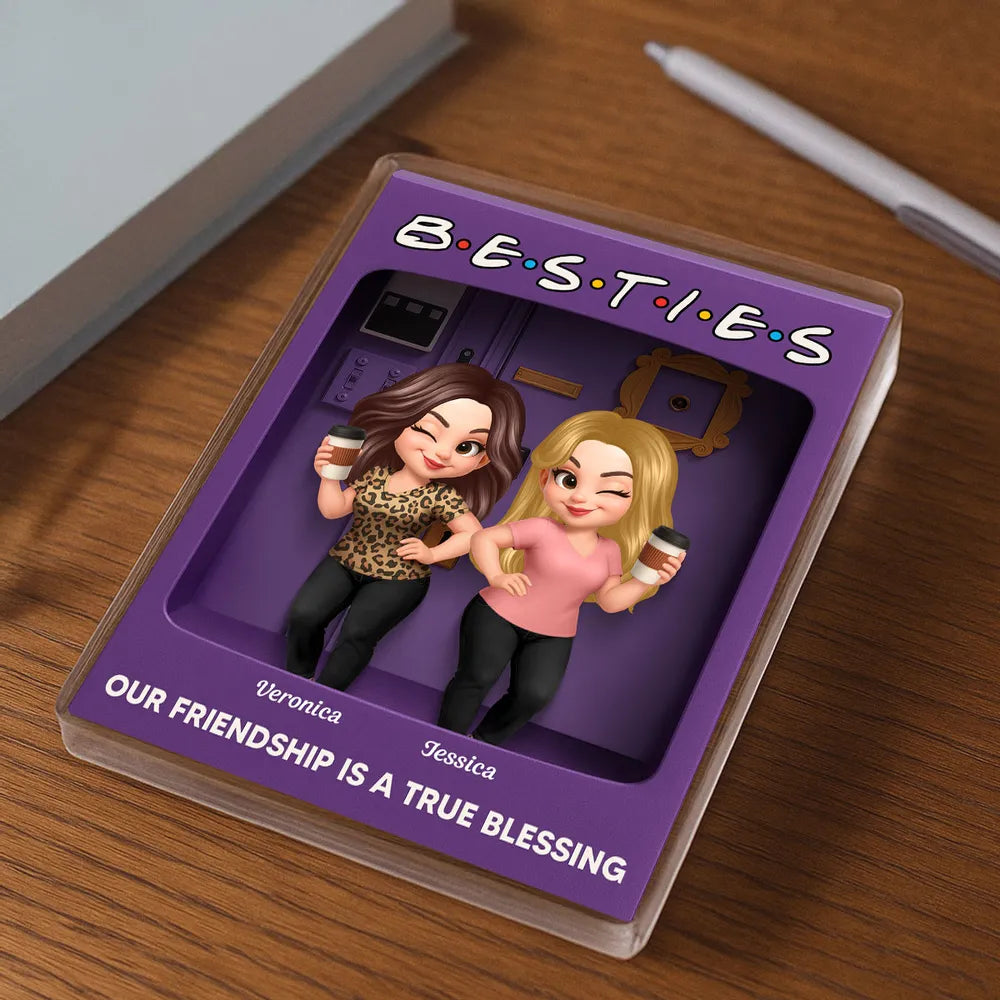 Rectangle Acrylic Block Plaque for Besties — cute characters holding coffee, purple backdrop, perfect friendship gift for birthdays, holidays, and everyday smiles