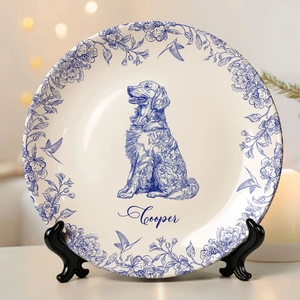 Custom Dog Lover Bone China Plaque in Toile de Jouy Style – Collectible Pet Wall Decor & Thoughtful Holiday or Anniversary Gift
