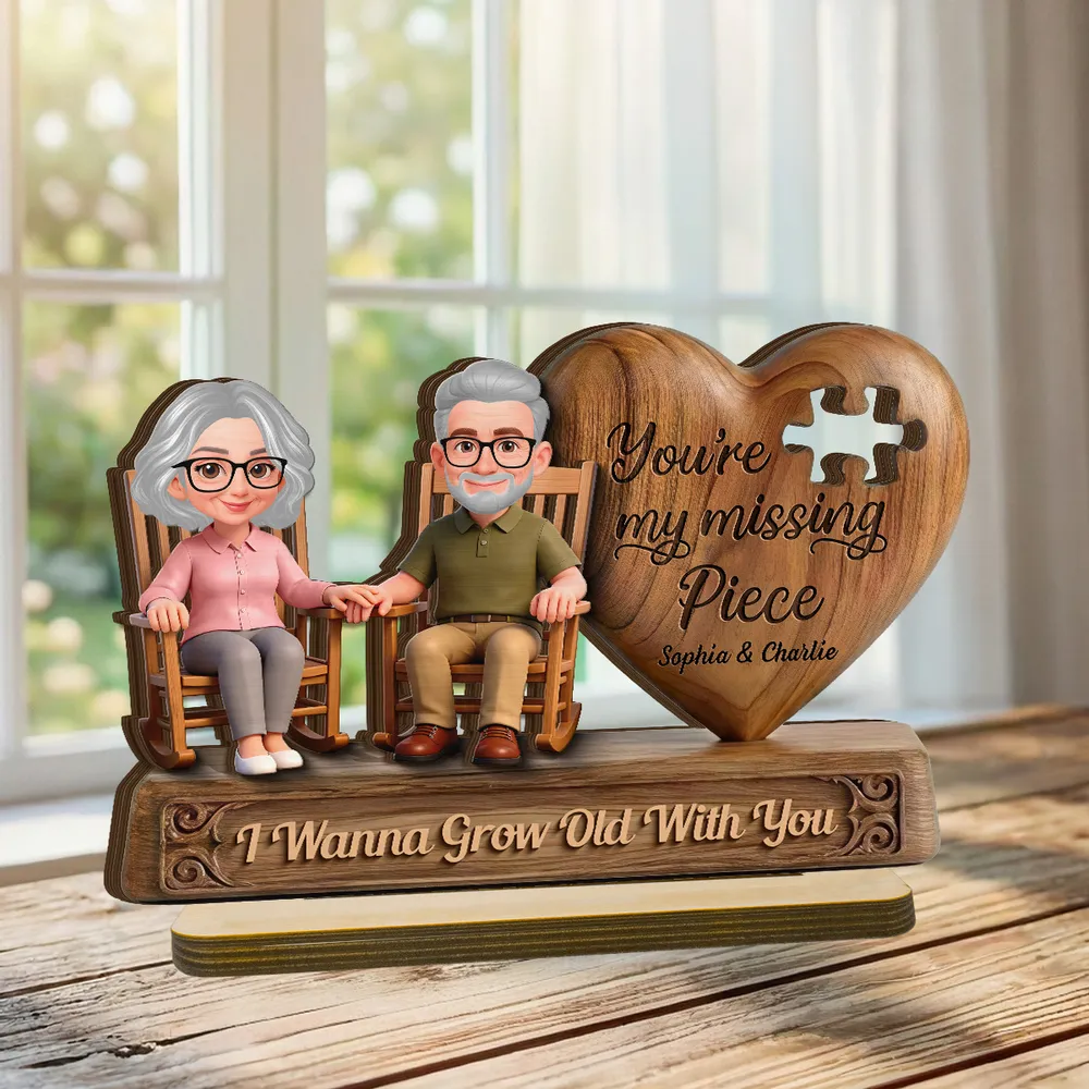 Personalized 2-Layer Wooden Plaque with Elderly Couple Holding Hands, You're My Missing Piece, Unique Gift for Couples