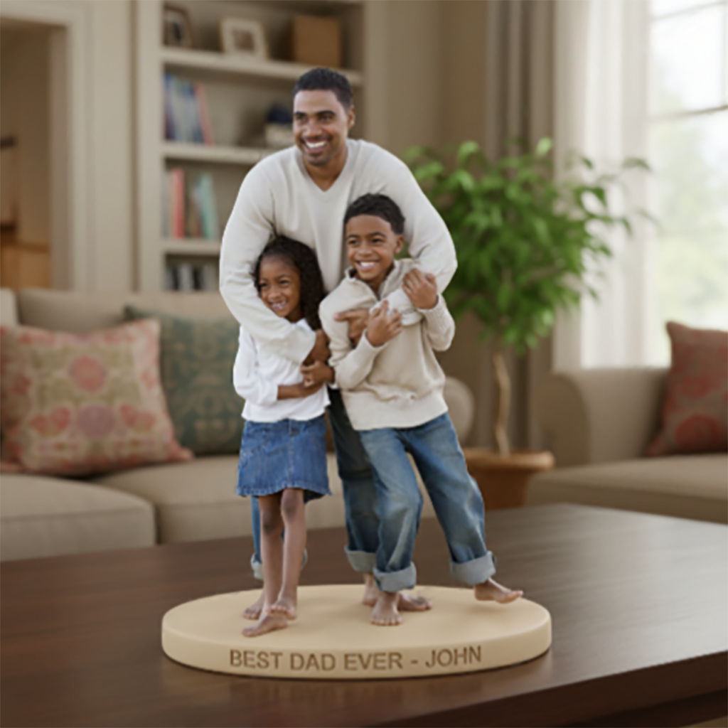 Custom Black Father Son and Daughter Personalized Figurine Statue - Best Dad Ever Nameplate Keepsake - Unique Father's Day Desk Ornament Gift