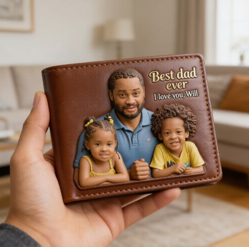Custom 3D Photo Embossed Leather Wallet for Black Dad- Personalized Best Dad Ever Bi-fold Wallet, Custom Father's Day Gift
