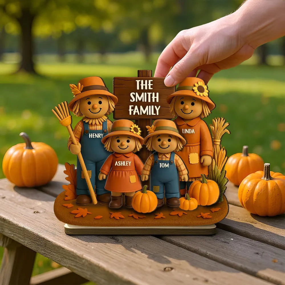 Personalized Scarecrow Family Wooden Plaque – Cozy Harvest Décor for Home