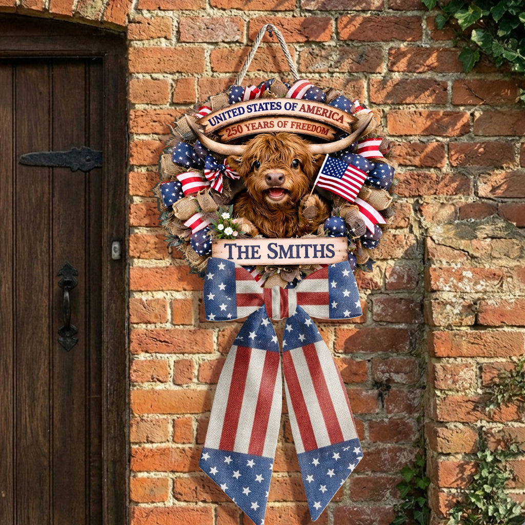 Highland Cow Celebrate 250th Anniversary - Personalized Highland Cow Shaped Wood Sign With Sash