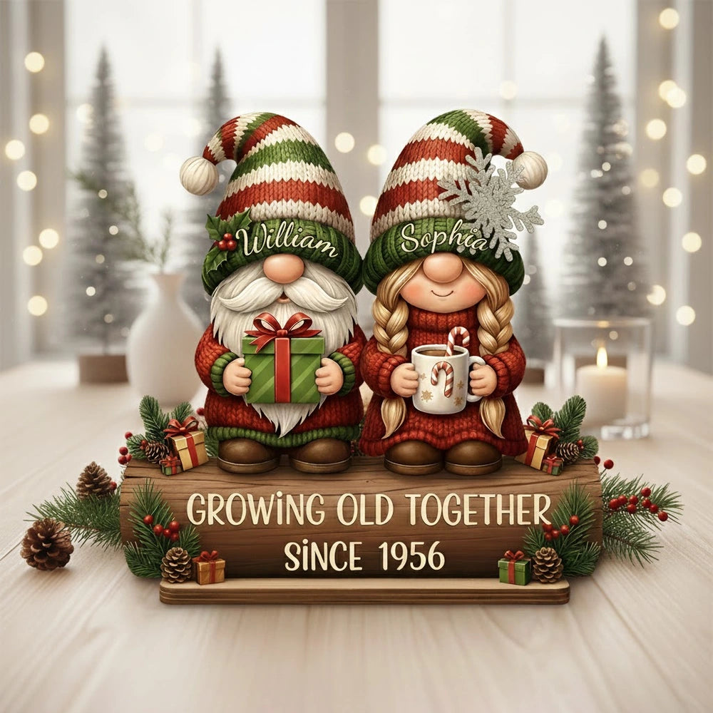 Custom Growing Old Together Wooden Plaque with Cute Christmas Gnome Couple Sentimental Display Piece Thoughtful Gift for Partner