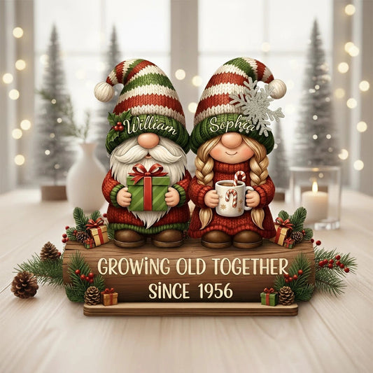 Custom Growing Old Together Wooden Plaque with Cute Christmas Gnome Couple Sentimental Display Piece Thoughtful Gift for Partner