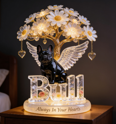 Custom Always In Our Hearts Angel Wings Figurine, Personalized Black French Bulldog Memorial Tree Lamp Statue, Dog Loss Sympathy Night Light