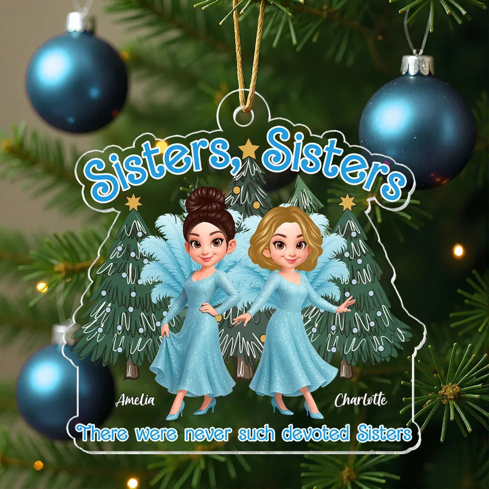 Personalized Sisters Acrylic Ornament featuring glitter blue dress design, holiday decoration and keepsake gift